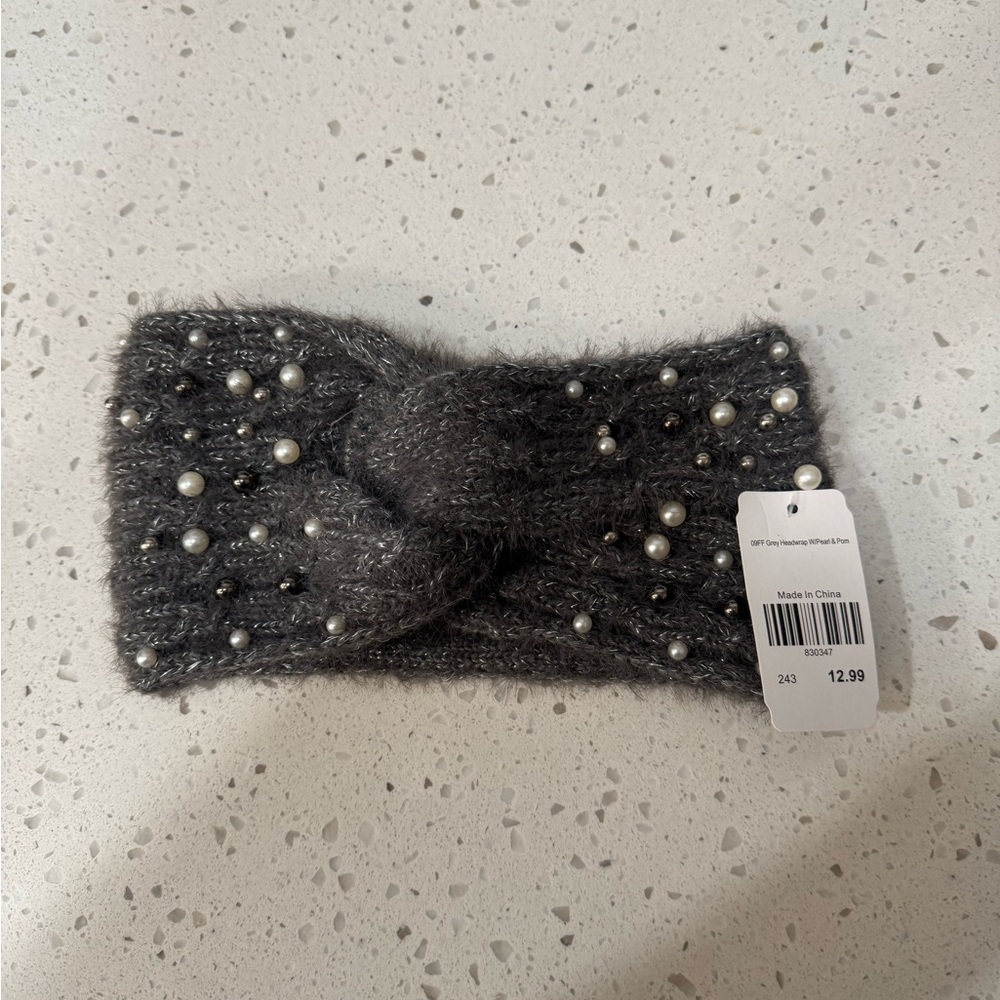 Gray Knitted Headband with Pearls